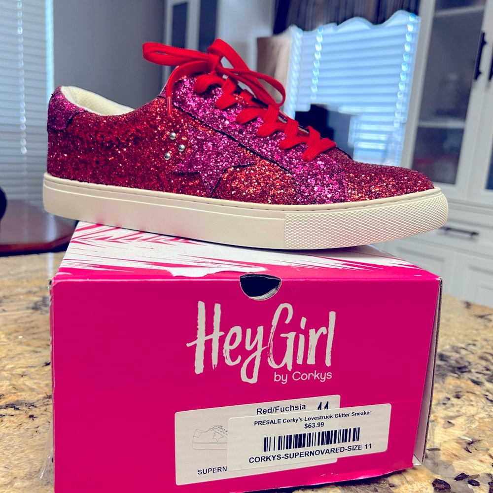 Size 11 red and fuschia glitter Corky’s.  Brand new, in box.  Never worn.